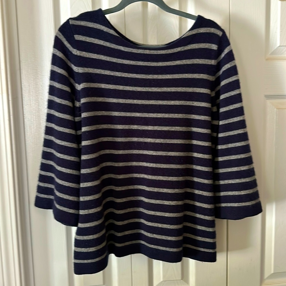Lands End Navy Blue Gray Stripe 100% Cashmere Boat Neck 3/4 Sleeve Sweater
